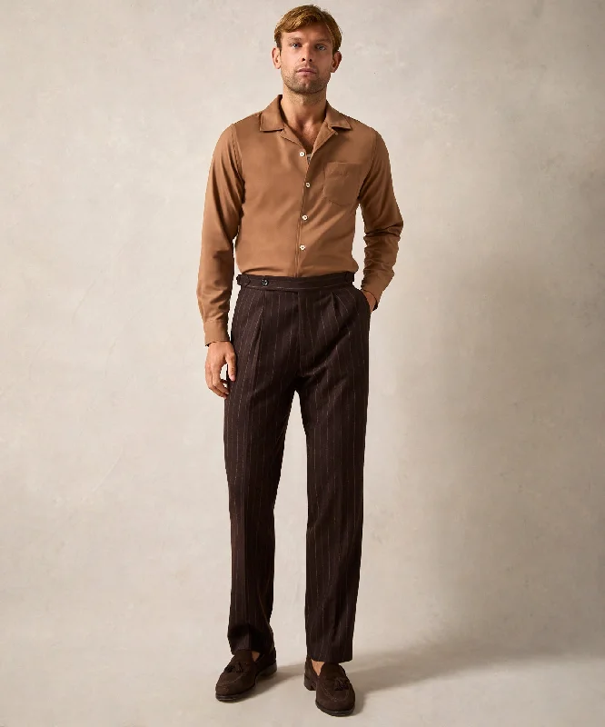 Italian Flannel Side Tab Trouser in Brown Pinstripe