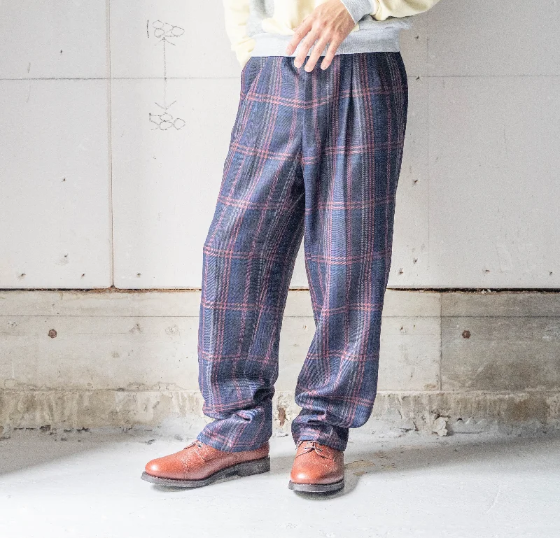 around 1980s Japan vintage navy based poly × wool checked pattern slacks