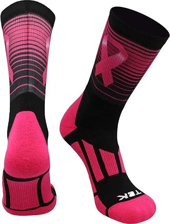 TCK Aware Breast Cancer Ribbon Stripes Crew Socks - Black Pink