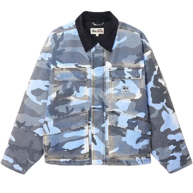 STÜSSY SPRAY DYE CANVAS SHOP JACKET // BLUE CAMO